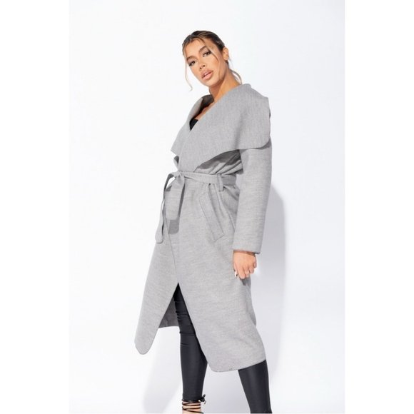 Gray Wool Blend Oversized Lapel Belted Long Maxi Waterfall Collar Coat - Picture 3 of 8